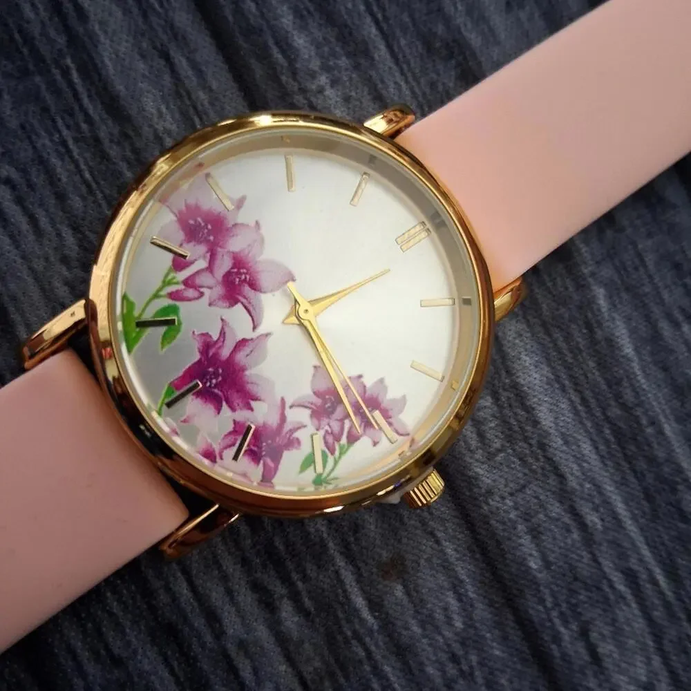 Silicone Band Floral Gold 35mm Gold & Pink Women's Watch